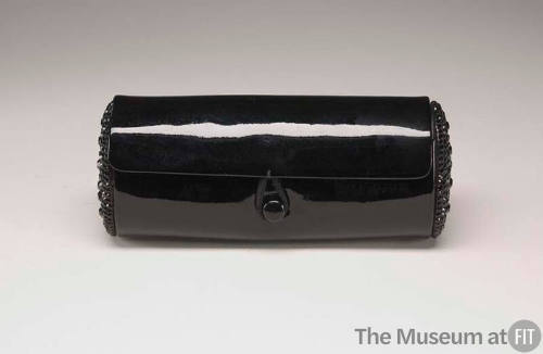 Black patent leather barrel bag with bead trim 