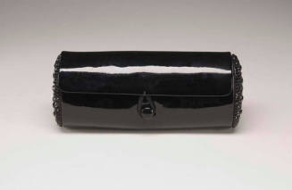 Black patent leather barrel bag with bead trim 