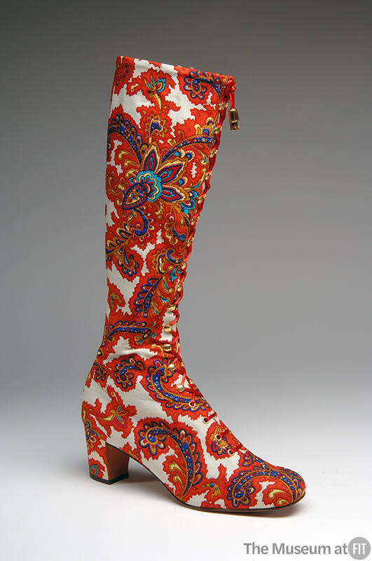 Calf length heeled boot with paisley pattern in orange, dark red, royal blue, turquoise, yellow…