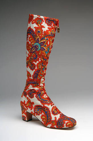 Calf length heeled boot with paisley pattern in orange, dark red, royal blue, turquoise, yellow…