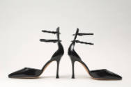 Pair of black d'Orsay shoes with double ankle straps attached to high counter, high stiletto he…