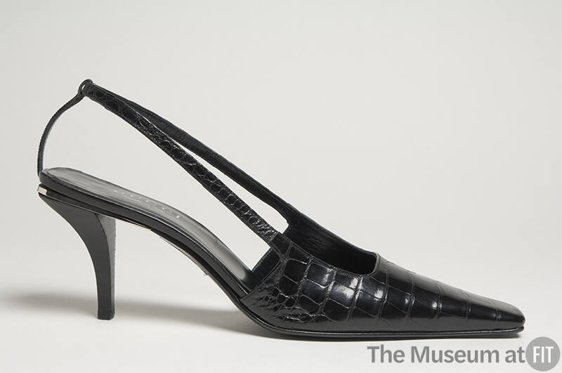 Black crocodile pointed toe sling back high heel shoe