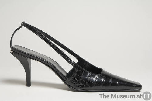 Black crocodile pointed toe sling back high heel shoe
