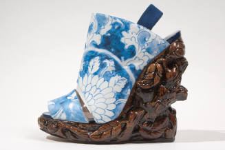 Blue and white Chinese print leather open-toe sling back shoes with high brown carved wedge pla…