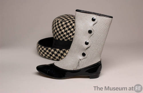 Black and white check hat with black lining, boot with black sole and check details, with butto…