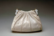 White snakeskin pouch style clutch bag with white beaded ornaments on either side