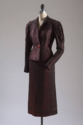 Black and red metallic striped single button jacket and matching skirt 