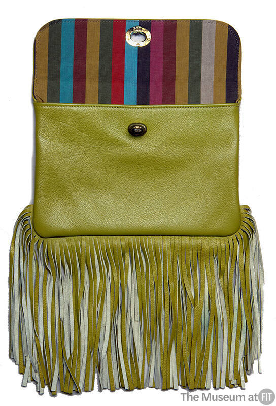 Yellow green leather bag with fringe trim, multicolor striped lining and twist lock