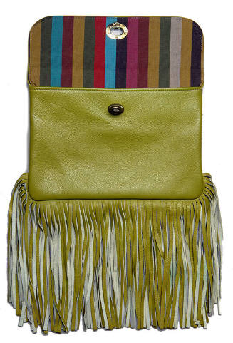 Yellow green leather bag with fringe trim, multicolor striped lining and twist lock