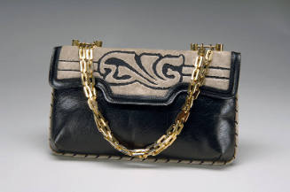 Navy blue envelope handbag with beige cut velvet decoration on flap and gold chain handle 