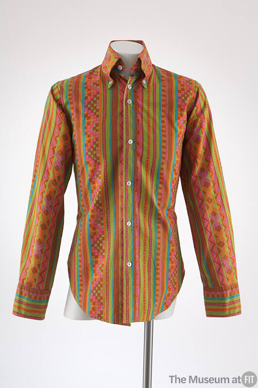 Man’s button front long sleeve shirt printed with abstract vertical stripes in lime green, blue…