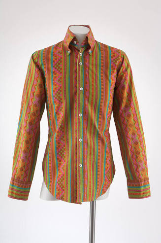 Man’s button front long sleeve shirt printed with abstract vertical stripes in lime green, blue…