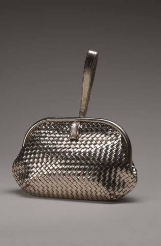 Gold evening clutch bag made of woven strips, framed pouch with wrist strap