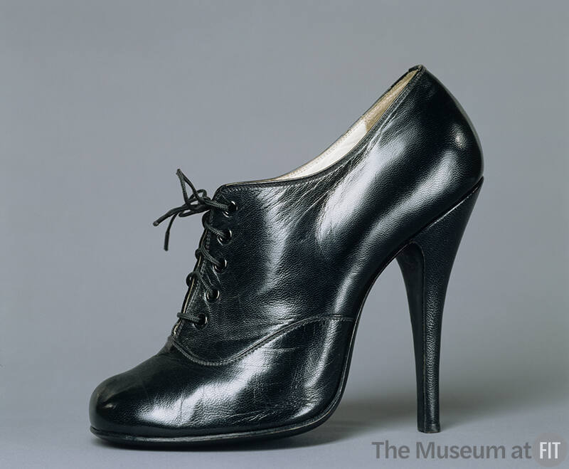 Black leather oxford style lace-up high heel shoes