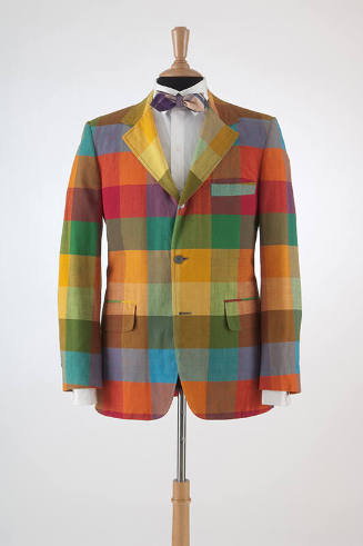 Orange, blue, yellow, green, red, purple plaid button front blazer with flap pockets