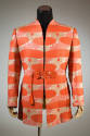 Man’s orange, beige and metallic gold floral pattern collarless jacket with orange tassel and c…