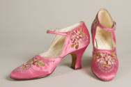 Alternate view of pink floral embroidered ankle strap pumps