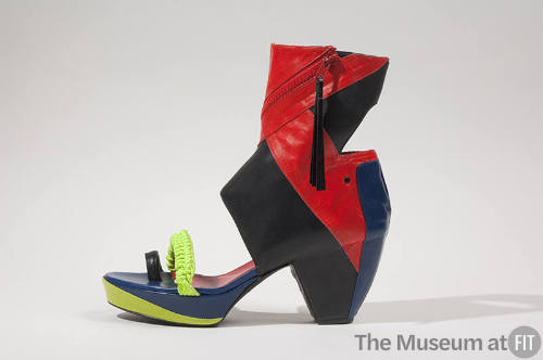 High heel platform sandal ankle boots with neon green, black, navy, and red color blocks