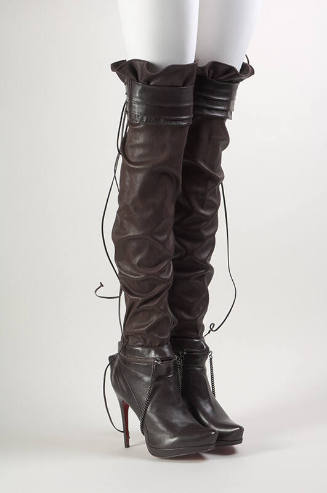 Brown thigh high boots with extreme high heels with attached belts