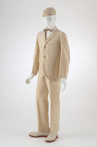 Man’s off-white with navy blue pinstripe suit of single-breasted jacket, matching pants and hat…