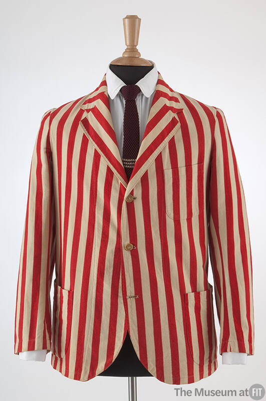 Man’s red and white vertical striped blazer with three button closure and three pockets dressed…