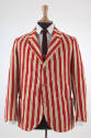 Man’s red and white vertical striped blazer with three button closure and three pockets dressed…