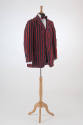 Man’s blue and red vertical striped blazer with three pockets and three button closure dressed …