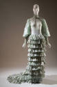 Pale green with silver abstract design silk floor length evening dress, long puff sleeves with …