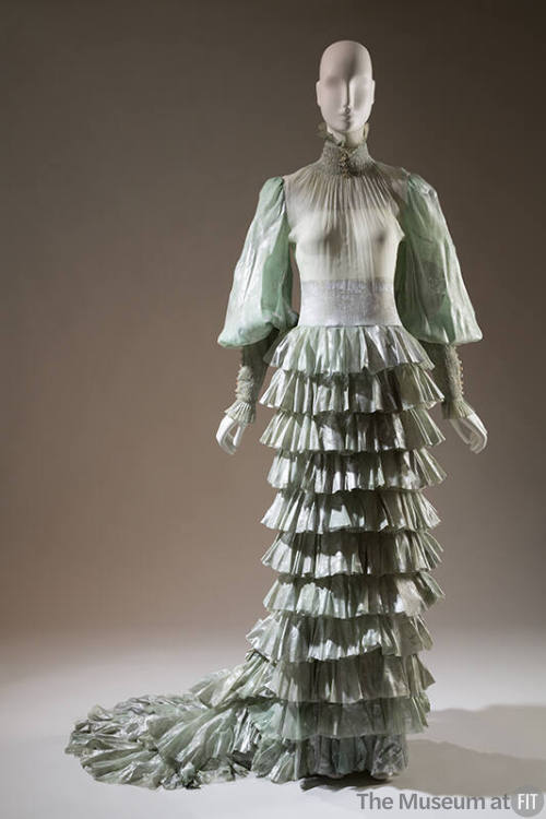 Pale green with silver abstract design silk floor length evening dress, long puff sleeves with …