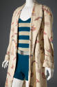 Detail of off-white long sleeve robe with print of divers in blue, yellow, orange swimtrunks, s…