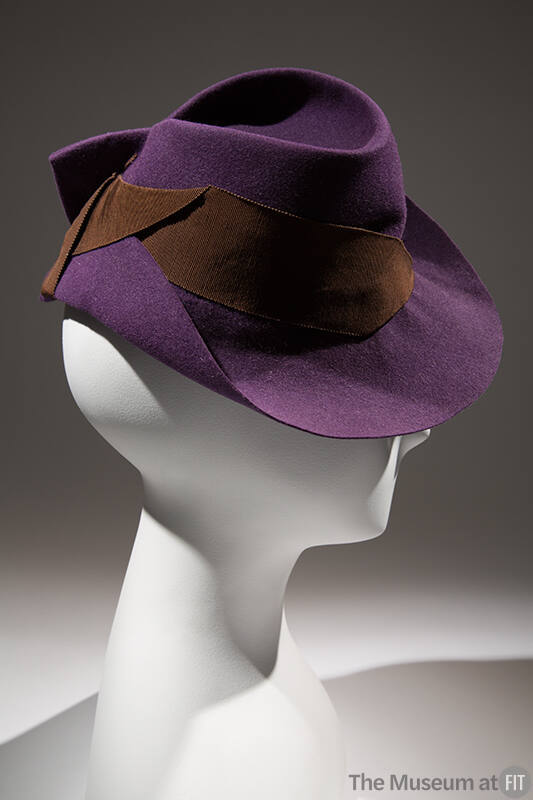 Purple felt hat with crushed crown, brown grosgrain band