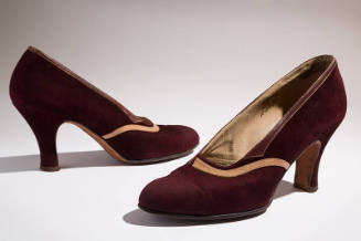 Pair of dark brown high heel pumps with tan leather band across vamp and brown leather band at …