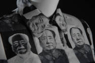 Detail of jacket collar with checkerboard pattern of black and white Mao portraits