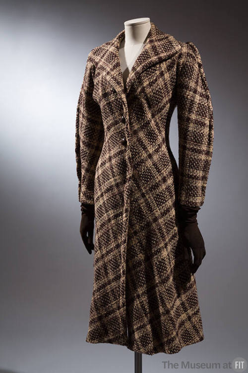 Brown and beige plaid coat, pointed shawl collar