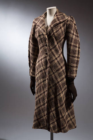 Brown and beige plaid coat, pointed shawl collar