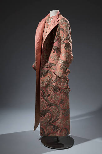 Floor length long sleeve pink silk button front robe with gold brocade and metallic floral embr…