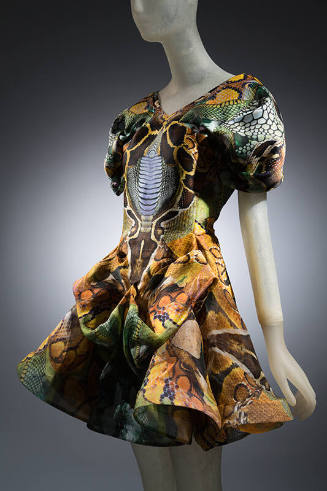 Short dress yellow, orange, green, blue, brown, and ivory sea reptile print with short puffy sl…