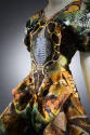 Short dress yellow, orange, green, blue, brown, and ivory sea reptile print with short puffy sl…
