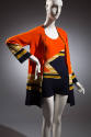 Orange and navy blue color blocked maillot swimsuit and matching open jacket with off-white and…