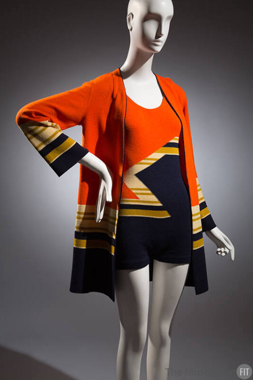 Orange and navy blue color blocked maillot swimsuit and matching open jacket with off-white and…