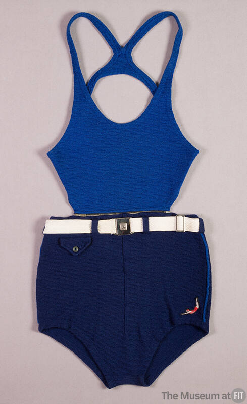 Blue wool tank top swimsuit with attached dark blue swim trunks and white belt