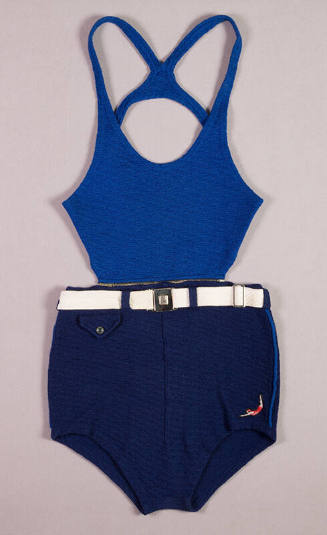 Blue wool tank top swimsuit with attached dark blue swim trunks and white belt
