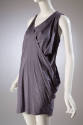 Sleeveless grey draped wrap mini dress, round neckline with one wide shoulder strap 