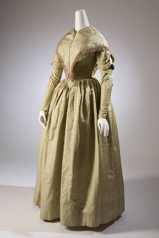 Pale green floor length dress with long sleeves trimmed in pleats, full cartridge pleated skirt…