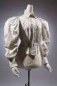White cotton with blue and tan pinstripe long sleeve shirt, button front, puffy shouders, high …