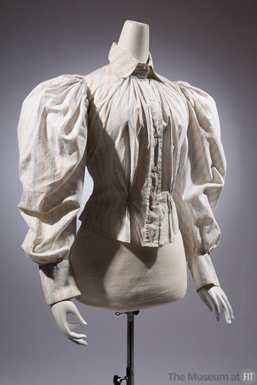 White cotton with blue and tan pinstripe long sleeve shirt, button front, puffy shouders, high …