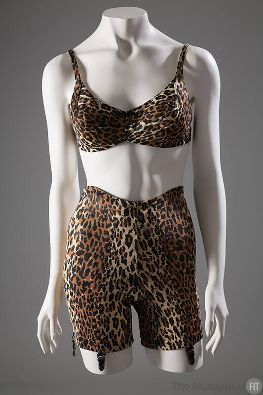 Brown, black and cream leopard print set of unstructured bra and panty girdle with black garter…