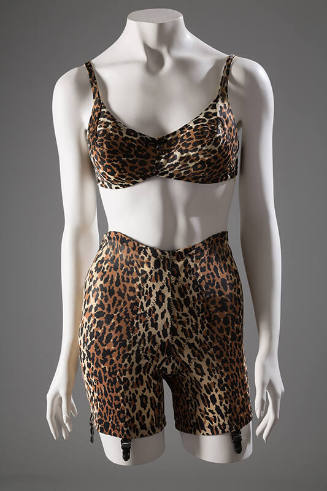 Brown, black and cream leopard print set of unstructured bra and panty girdle with black garter…