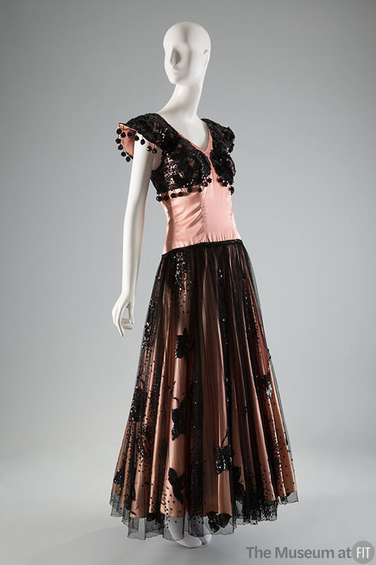 Floor length Spanish style dance dress with black beaded pseudo bolero over pink bodice and bea…