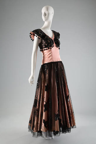 Floor length Spanish style dance dress with black beaded pseudo bolero over pink bodice and bea…